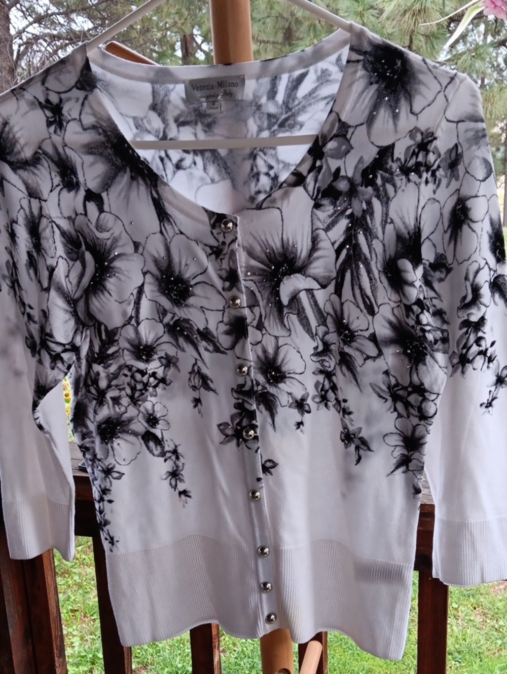 Venezia White and Black Floral Button-Down Cardigan